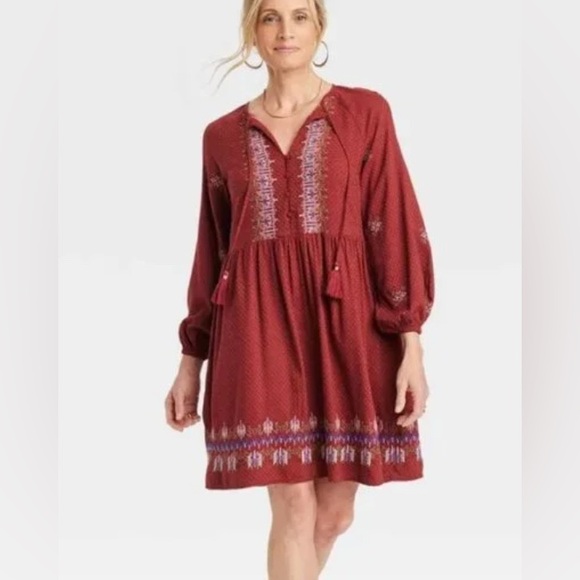 Knox Rose Dresses & Skirts - Knox Rose Balloon Long Sleeve Embroidered Burgundy Wine Dress Sz Large